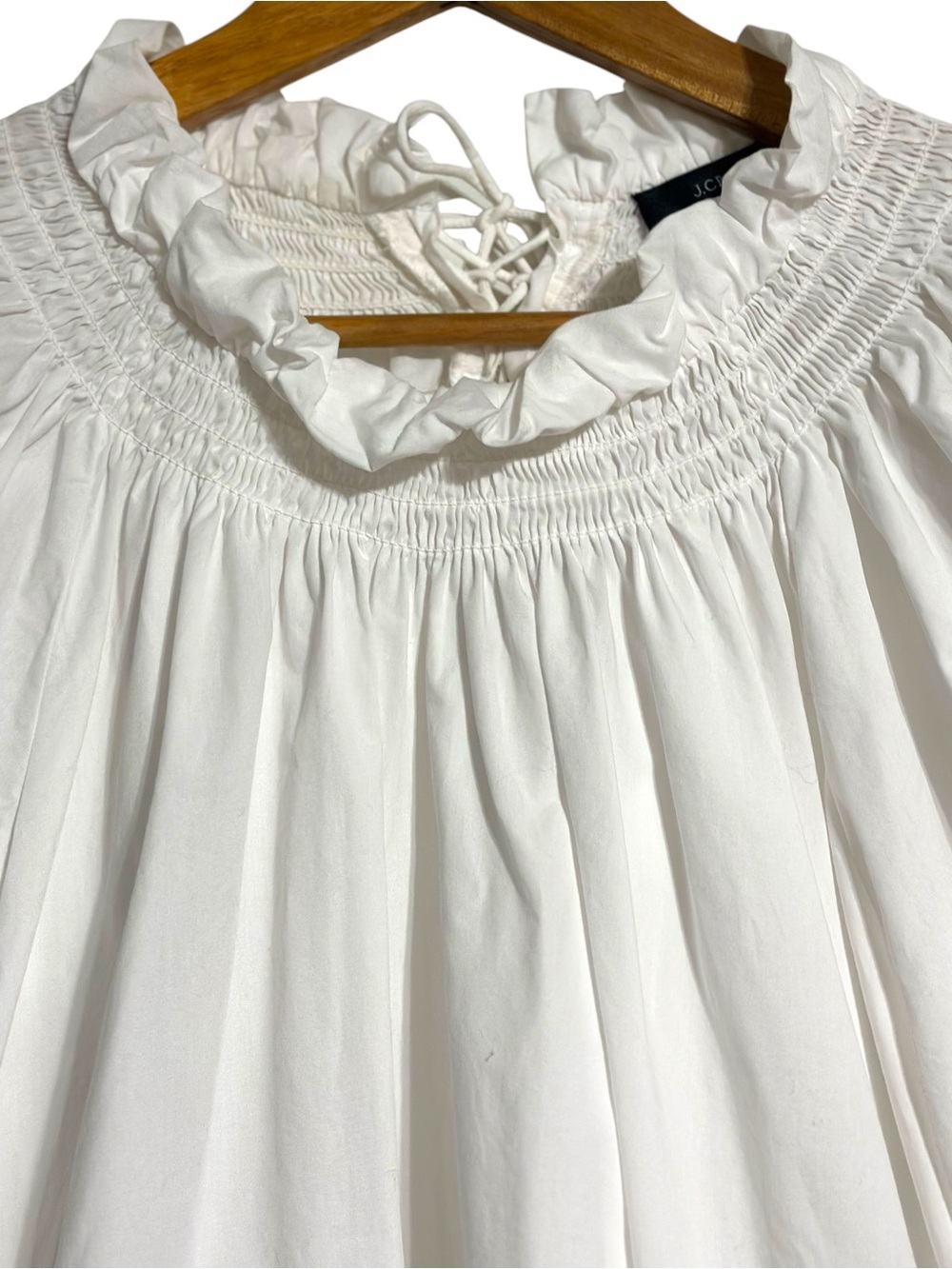 J Crew Smocked Neck Puff-Sleeve Lace Up Back Cotton Poplin Top in White Sz S - Picture 5 of 12